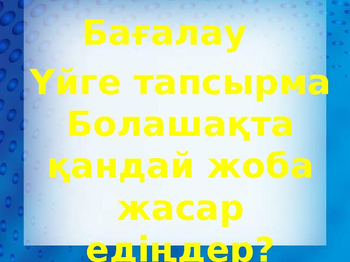 Үйге тапсырма Болашақта қандай жоба жасар едіңдер?Бағалау