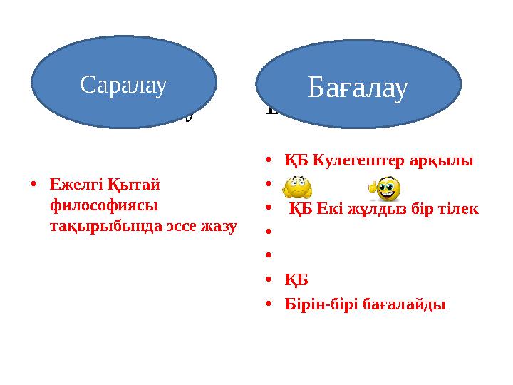 Саралау • Ежелгі Қытай философиясы тақырыбында эссе жазу Бағалау • ҚБ Кулегештер арқылы • • ҚБ Екі жұлдыз бір тілек • •