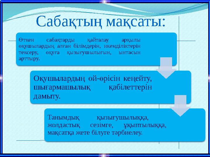 Сабақтың мақсаты: Өткен сабақтарды қайталау арқылы оқушылардың алған білімдерін, икемділіктерін тексеру, оқуға қызығуш