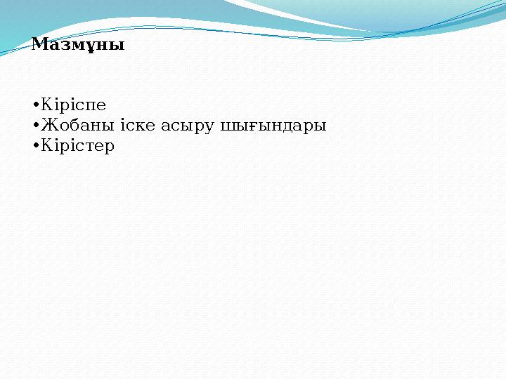 Мазмұны • Кіріспе • Жобаны іске асыру шығындары • Кірістер
