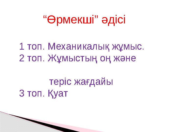 “ Өрмекші” әдісі 1 топ . Механикалық жұмыс. 2 топ . Жұмыстың оң және теріс жағдайы 3 топ . Қуат