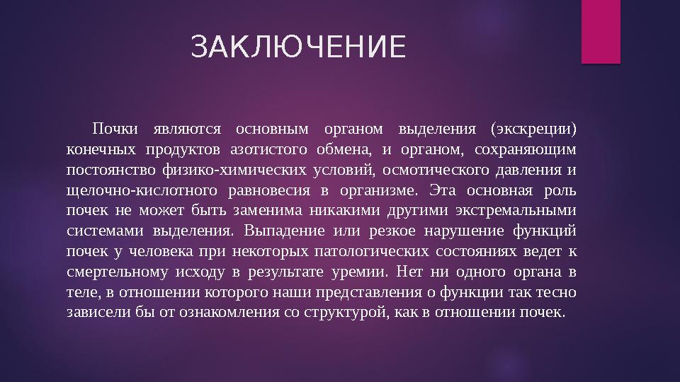 ЗАКЛЮЧЕНИЕ Почки являются основным органом выделения (экскреции) конечных продуктов азотистого обмена, и органом, со