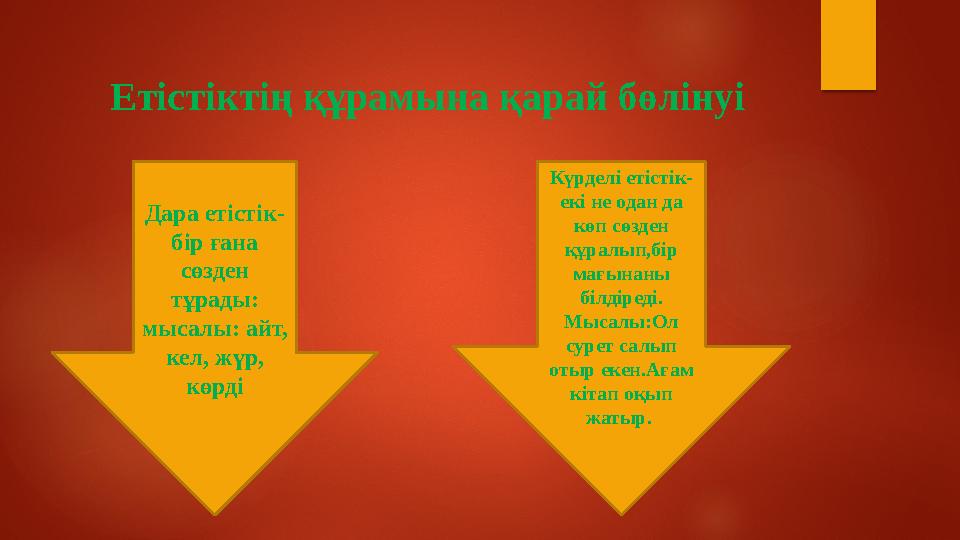 Етістіктің құрамына қарай бөлінуі Дара етістік- бір ғана сөзден тұрады: мысалы: айт, кел, жүр, көрді Күрделі етістік- екі