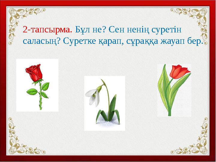 2-тапсырма. Бұл не? Сен ненің суретін саласың? Суретке қарап, сұраққа жауап бер.