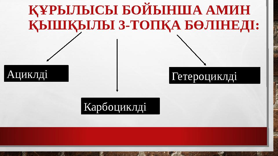 ҚҰРЫЛЫСЫ БОЙЫНША АМИН ҚЫШҚЫЛЫ 3-ТОПҚА БӨЛІНЕДІ: Ациклді Карбоциклді Гетероциклді