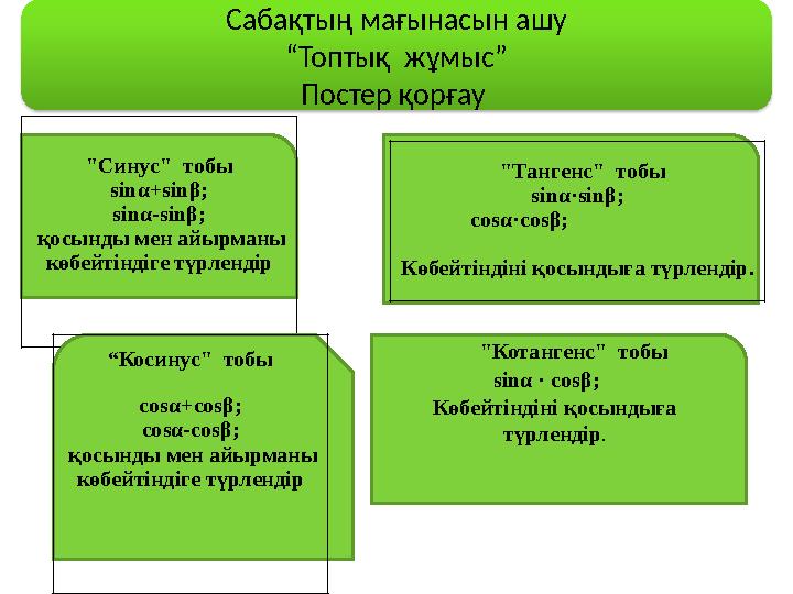 Сабақтың мағынасын ашу “ Топтық жұмыс” Постер қорғау " Синус " тобы sin α +sin β ; sin α -sin β ; қосынды мен айырманы