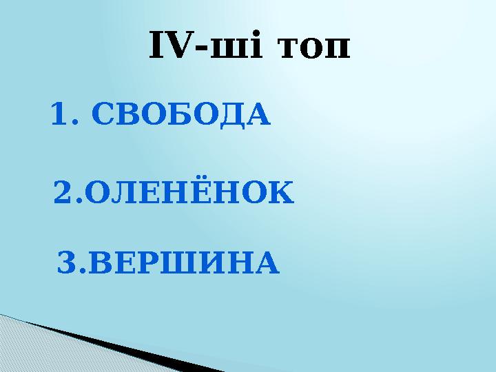 І V - ші топ 1. CВОБОДА 2 .ОЛЕНЁНОК 3 .ВЕРШИНА