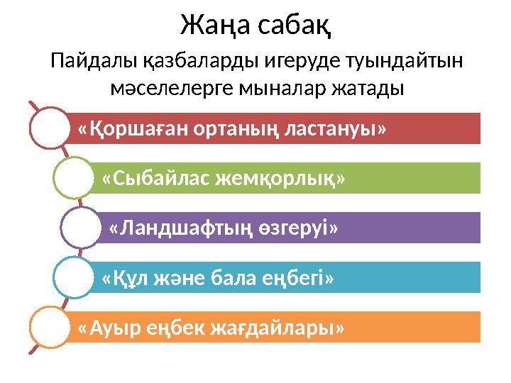 Жаңа сабақ Пайдалы қазбаларды игеруде туындайтын мәселелерге мыналар жатады «Қоршаған ортаның ластануы» «Сыбайлас жемқорлық» «Л