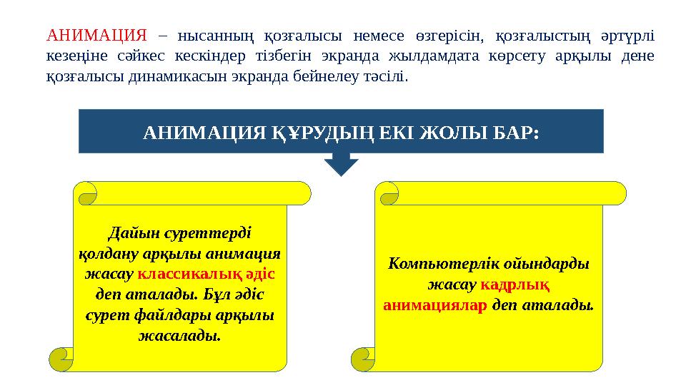 АНИМАЦИЯ – нысанның қозғалысы немесе өзгерісін, қозғалыстың әртүрлі кезеңіне сәйкес кескіндер тізбегін экранда жыл