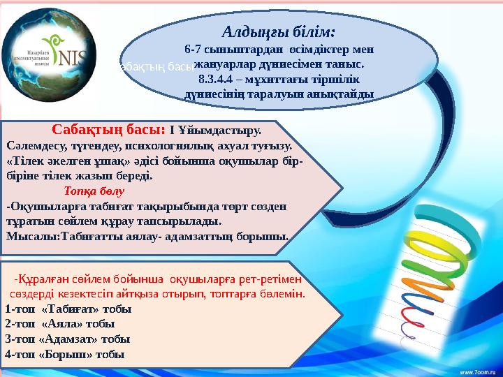Алдыңғы білім: 6-7 сыныптардан өсімдіктер мен жануарлар дүниесімен таныс. 8.3.4.4 – мұхиттағы тіршілік дүниесінің таралуын ан