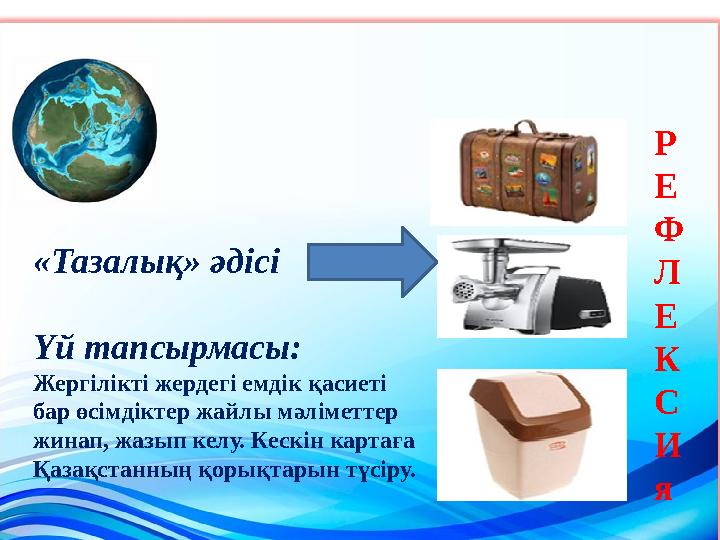 «Тазалық» әдісі Үй тапсырмасы: Жергілікті жердегі емдік қасиеті бар өсімдіктер жайлы мәліметтер жинап, жазып келу. Кескін карт