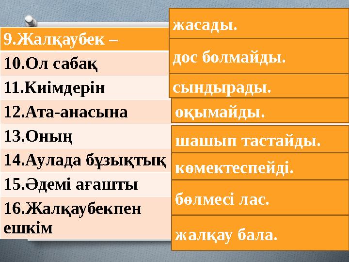 9.Жалқаубек – 10.Ол сабақ 11.Киімдерін 12.Ата-анасына 13.Оның 14.Аулада бұзықтық 15.Әдемі ағашты 16.Жалқаубекпен ешкім бөлмесі