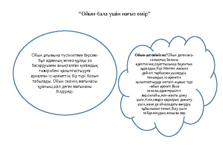 “ Ойын-бала үшін нағыз өмір” Ойын ұғымына түсініктеме берсем- бұл адамның мінез-құлқы өз басқаруы