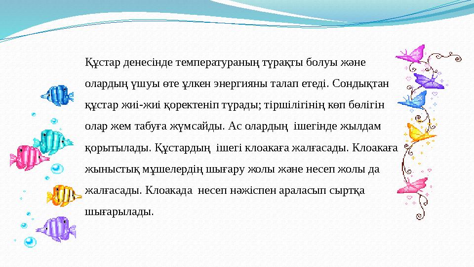 Құстар денесiнде температураның түрақты болуы және олардың ү шуы өте ұлкен энергияны талап етед i. Сондықтан құстар жи i- жи