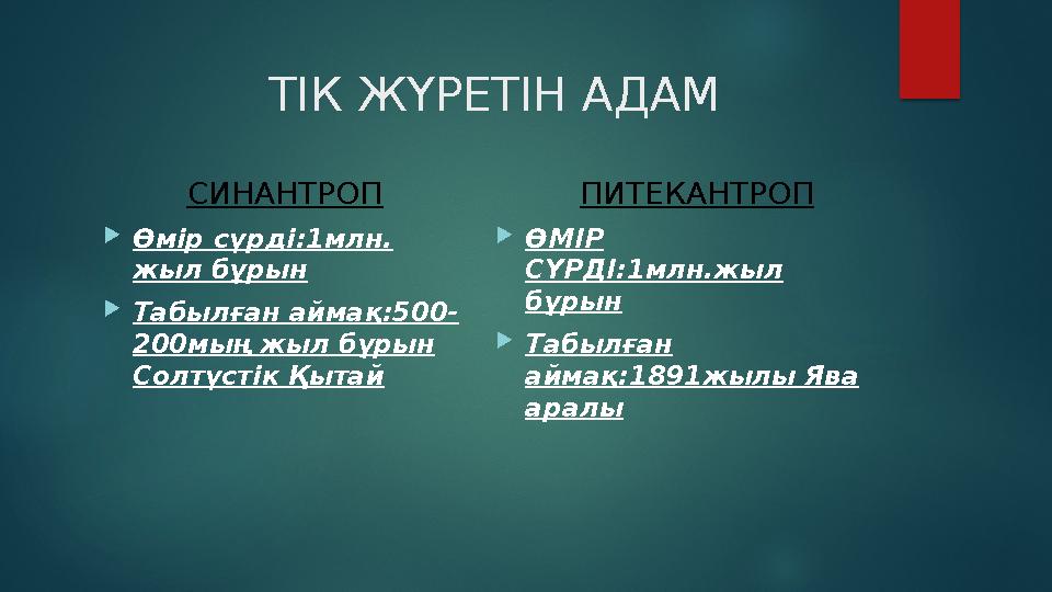 ТІК ЖҮРЕТІН АДАМ СИНАНТРОП  Өмір сүрді:1млн. жыл бұрын  Табылған аймақ:500- 200мың жыл бұрын Солтү