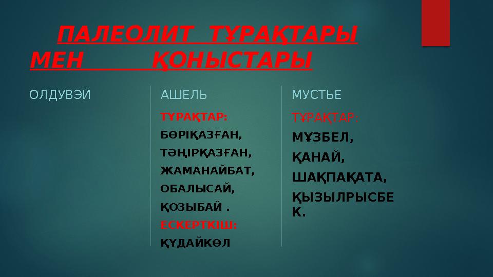 ПАЛЕОЛИТ ТҰРАҚТАРЫ МЕН ҚОНЫСТАРЫ ОЛДУВЭЙ АШЕЛЬ ТҰРАҚТАР: БӨРІҚАЗҒАН, ТӘҢІРҚАЗҒАН, ЖАМАНАЙБАТ, ОБАЛЫСАЙ, ҚОЗЫБАЙ