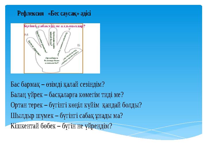 Рефлексия «Бес саусақ» әдісі Бас бармақ – өзімді қалай сезіндім? Балаң үйрек – басқаларға көмегім тиді ме?