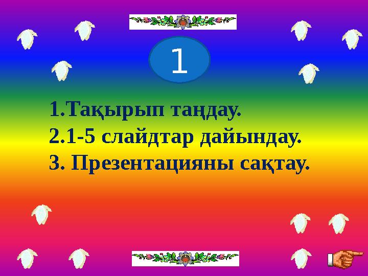 1.Тақырып таңдау. 2.1-5 слайдтар дайындау. 3. Презентацияны сақтау. 1