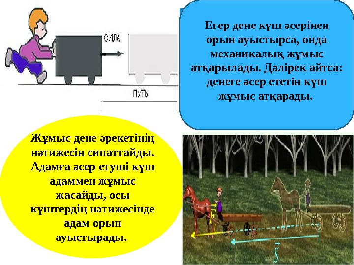 Жұмыс дене әрекетінің нәтижесін сипаттайды. Адамға әсер етуші күш адаммен жұмыс жасайды, осы күштердің нәтижесінде адам ор