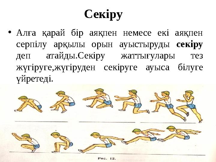 Секіру • Алға қарай бір аяқпен немесе екі аяқпен серпілу арқылы орын ауыстыруды секіру деп атайды.Секіру жаттығул