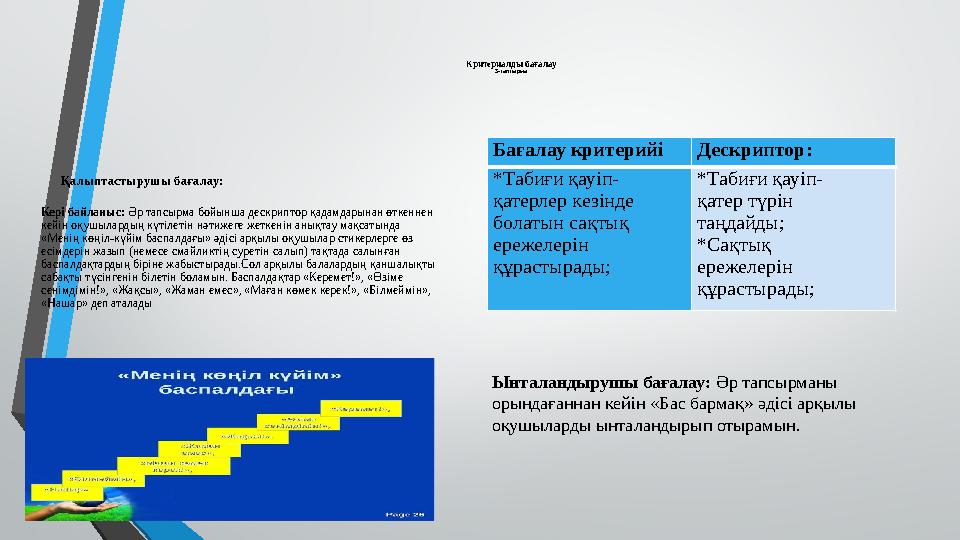 Критериалды бағалау 3-тапсырма Қалыптастырушы бағалау: Кері байланыс: Әр тапсырма бойынша дескриптор қадамдарынан өткенн