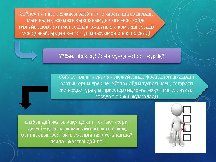 Сөйлеу тілінің лексикасы әдеби тілге қарағанда сөздердің мағыналық жағынан қарапайымдылығымен, кейде тұрпайы, дөрекілігімен, с