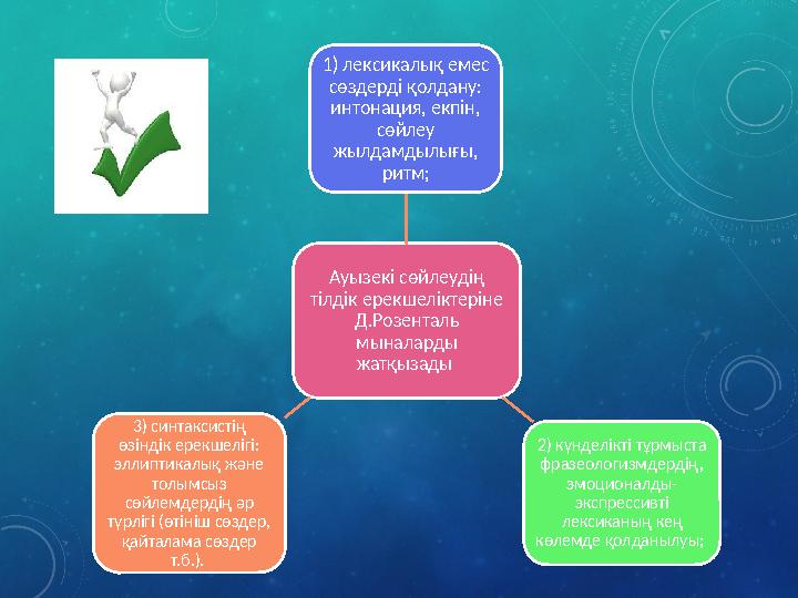 Ауызекі сөйлеудің тілдік ерекшеліктеріне Д.Розенталь мыналарды жатқызады 1) лексикалық емес сөздерді қолдану: интонация, е