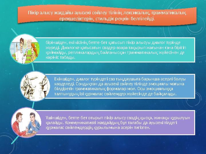 Пікір алысу жағдайы ауызекі сөйлеу тілінің лексикалық, грамматикалық ерекшеліктерін, стильдік реңкін белгілейді. біріншіден, ек