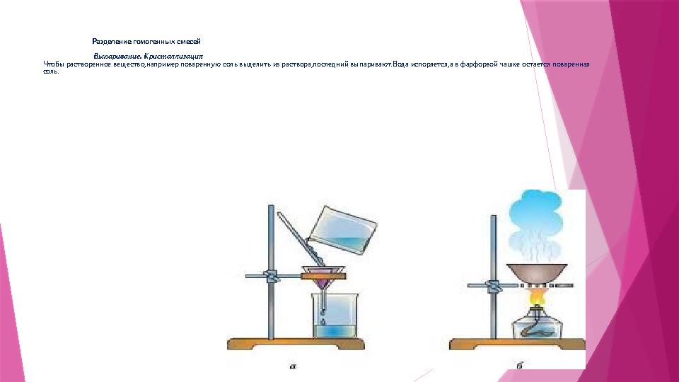 Разделение гомогенных смесей Выпаривание. Кристаллизация Чтобы растворенное