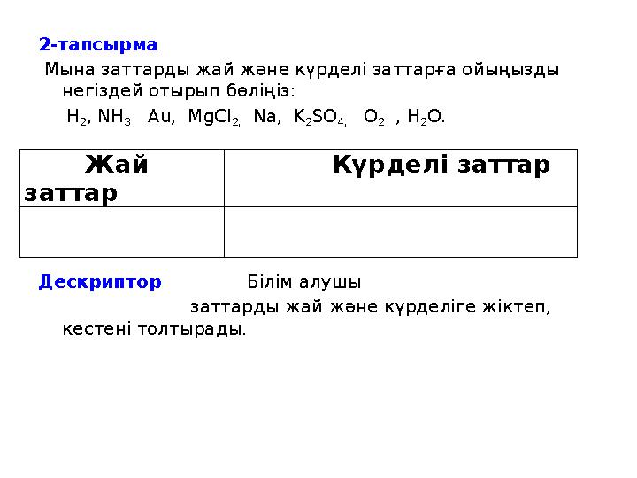 2-тапсырма Мына заттарды жай және күрделі заттарға ойыңызды негіздей отырып бөліңіз: H 2 , NH 3 Au, MgCl 2, Na,