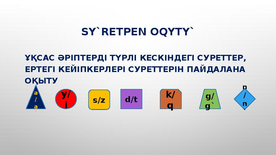 SY`RETPEN OQYTY` ҰҚСАС ӘРІПТЕРДІ ТҮРЛІ КЕСКІНДЕГІ СУРЕТТЕР, ЕРТЕГІ КЕЙІПКЕРЛЕРІ СУРЕТТЕРІН ПАЙДАЛАНА ОҚЫТУ a / a ` y/ i s/z d/