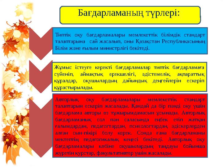 Бағдарламаның түрлері: Типтік оқу бағдарламалары мемлекеттік білімдік стандарт талаптарына сай жасалып, оны Қазақст