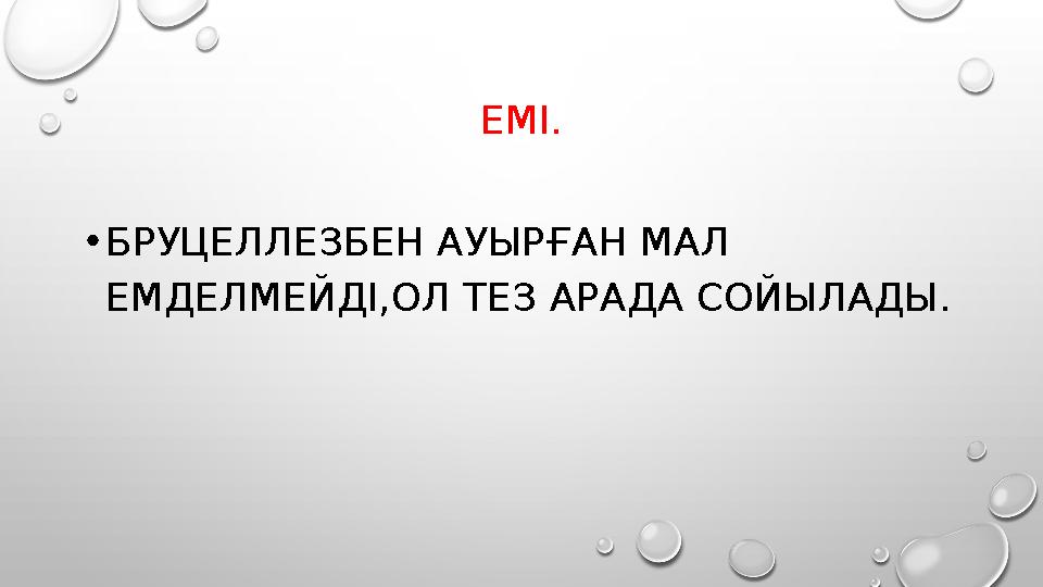 ЕМІ. • БРУЦЕЛЛЕЗБЕН АУЫРҒАН МАЛ ЕМДЕЛМЕЙДІ,ОЛ ТЕЗ АРАДА СОЙЫЛАДЫ.