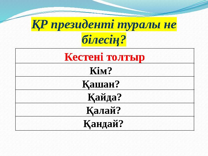 ҚР президенті туралы не білесің? Кестені толтыр Кім? Қашан? Қайда? Қалай? Қандай?