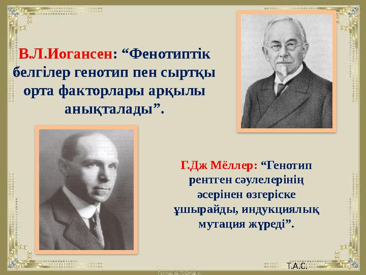 В.Л.Иогансен : “Фенотиптік белгілер генотип пен сыртқы орта факторлары арқылы анықталады”. Г.Дж М ё ллер: “Генотип рентген