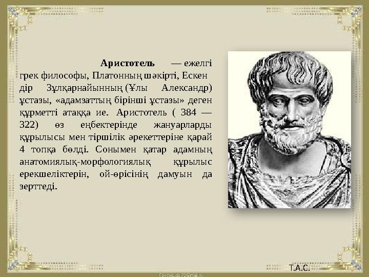 Аристотель — ежелг і грек философы, Платонның шәкірті, Ескен дір Зұлқарнайынның (Ұлы Александр) ұстазы, «ад