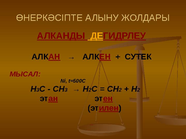 ӨНЕРКӘСІПТЕ АЛЫНУ ЖОЛДАРЫ АЛКАНДЫ ДЕ ГИДРЛЕУ АЛК АН → АЛК ЕН + СУТЕК МЫСАЛ: