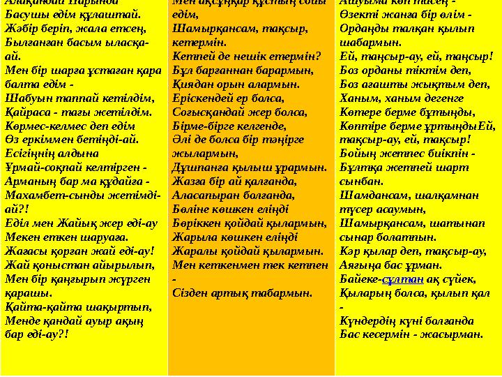 Алақандай Нарында Басушы едім құлаштай. Жәбір беріп, жала етсең, Былғанған басым ыласқа- ай. Мен бір шарға ұстаған қара балта е