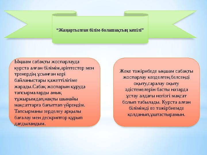 “ Жаңартылған білім-болашақтың кепілі” Ықшам сабақты жоспарлауда курста алған білімім,әріптестер мен тренердің ұсынған кері б