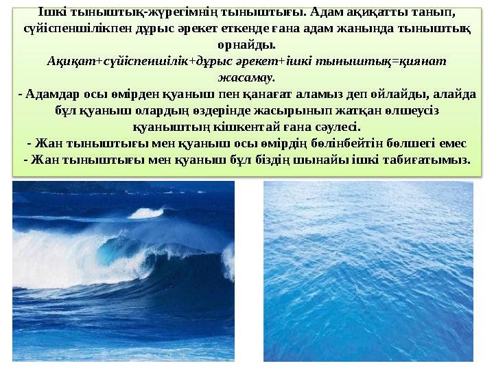 Ішкі тыныштық-жүрегімнің тыныштығы. Адам ақиқатты танып, сүйіспеншілікпен дұрыс әрекет еткенде ғана адам жанында тыныштық орна