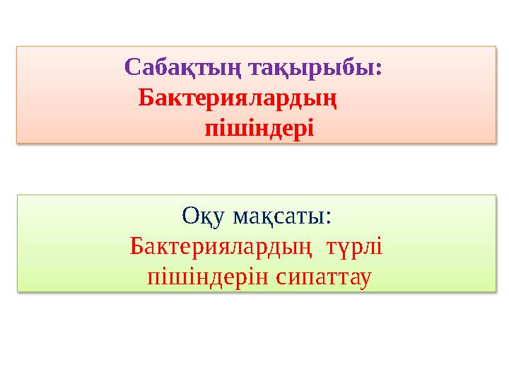 Сабақтың тақырыбы: Бактериялардың пішіндері Оқу мақсаты: Бактериялардың түрлі пішіндерін сипаттау