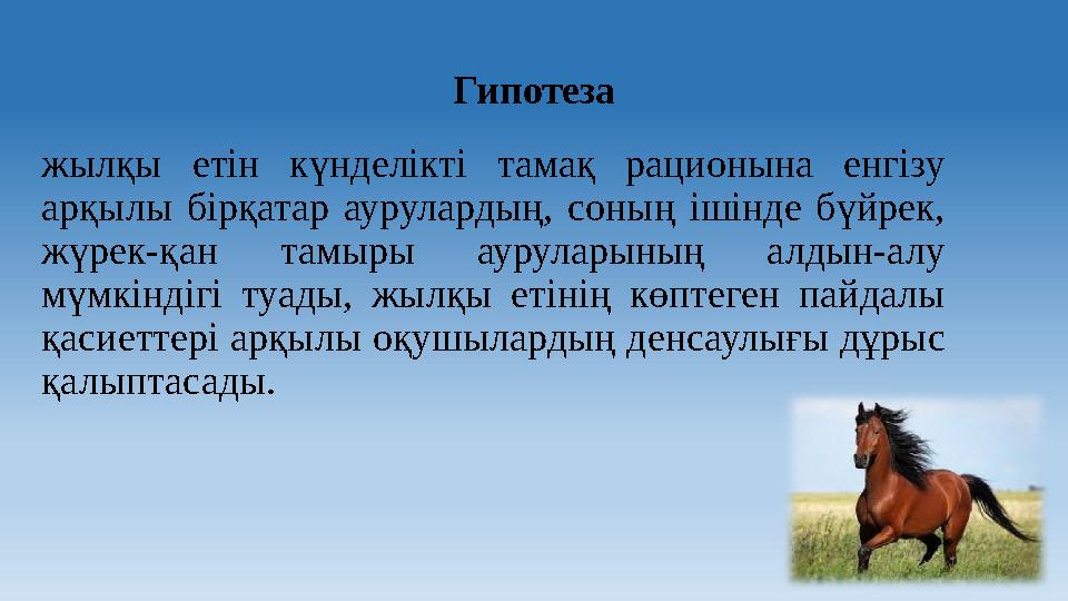 Гипотеза жылқы етін күнделікті тамақ рационына енгізу арқылы бірқатар аурулардың, соның ішінде бүйрек, жүрек-қан та