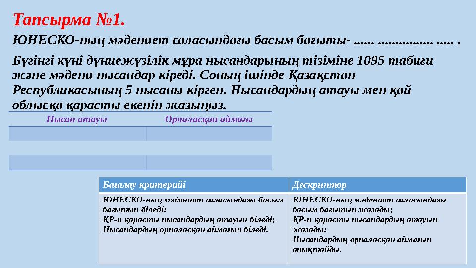 Тапсырма №1. ЮНЕСКО-ның мәдениет саласындағы басым бағыты- ...... ................ ..... . Бүгінгі күні дүниежүзілік мұра нысан