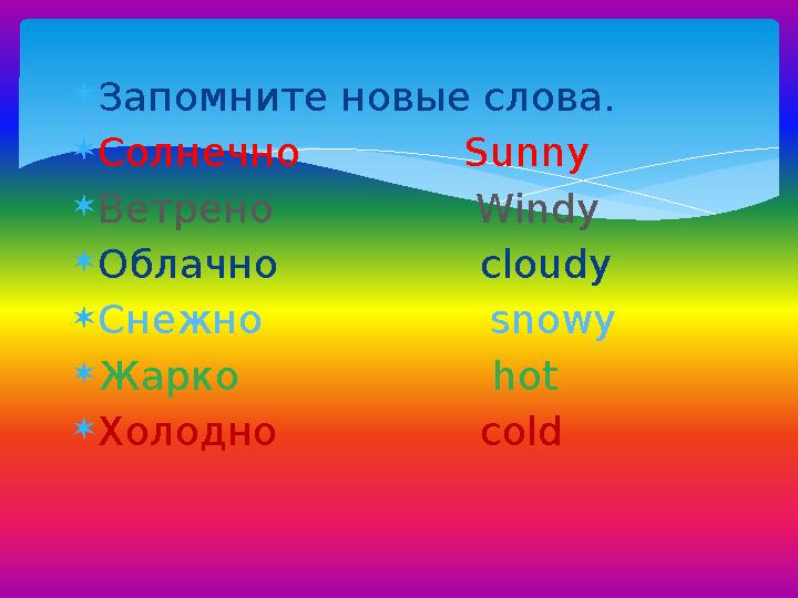  Запомните новые слова.  Солнечно Sunny  Ветрено Windy  Облачно cloudy  Снежно