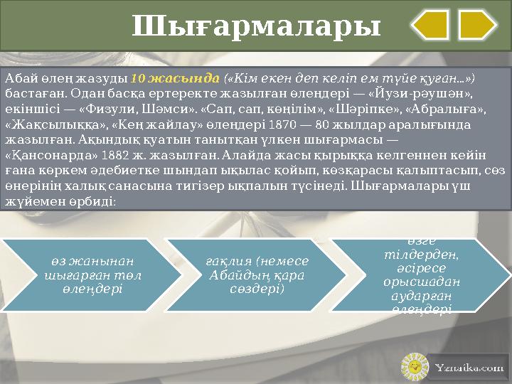 Шығармалары Абай өлең жазуды 10 жасында (« ...») Кім екен деп келіп ем түйе қуған . — « - », б