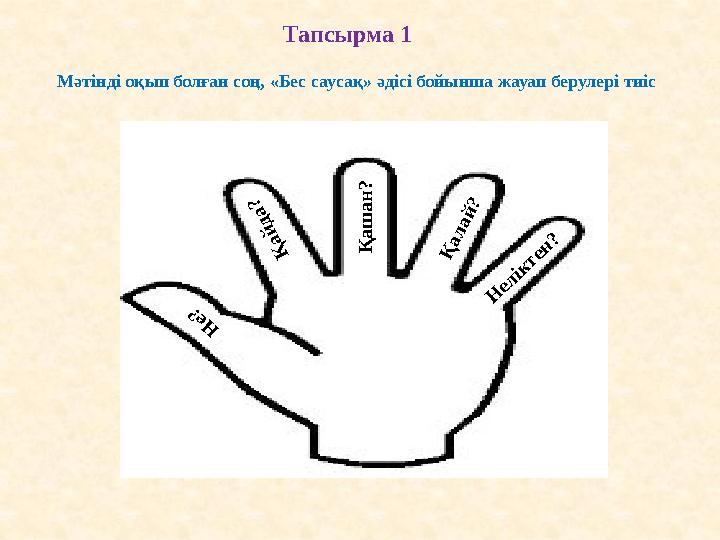 Н е? Қ ай да? Қ а ш а н ? Қ алай ? Н еліктен?Мәтінді оқып болған соң, «Бес саусақ» әдісі бойынша жауап берулері тиіс Тапсы