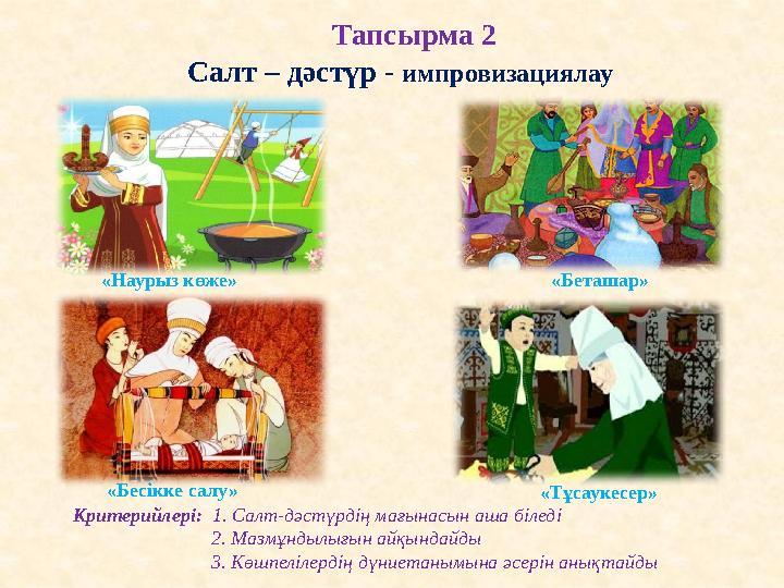 Тапсырма 2 «Тұсаукесер»«Бесікке салу» «Беташар»«Наурыз көже» Салт – дәстүр - импровизациялау Критерийлері: 1. Салт-дәстүрдің