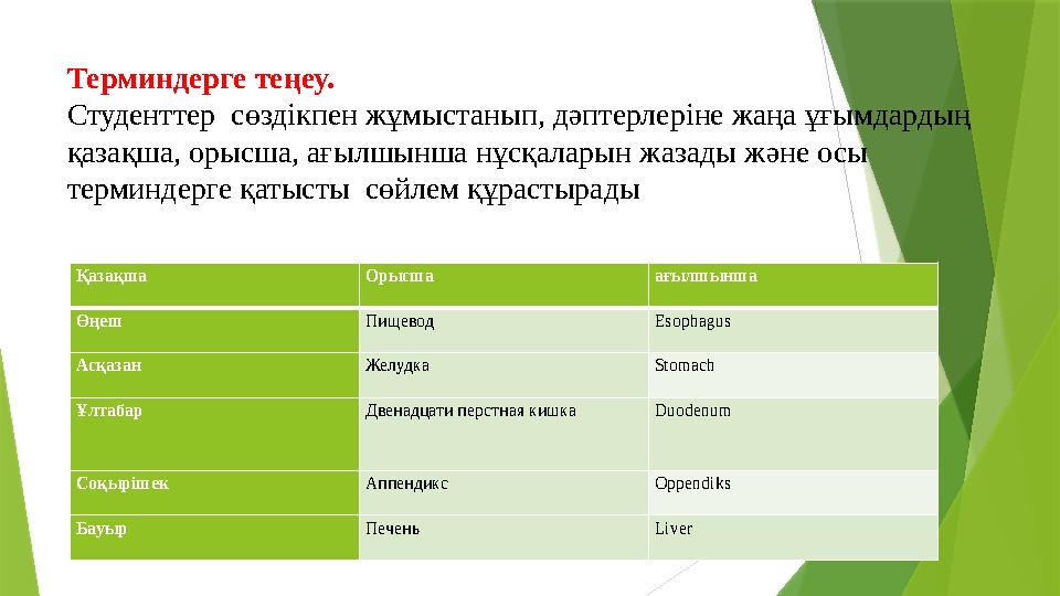 Терминдерге теңеу. Студенттер сөздікпен жұмыстанып, дәптерлеріне жаңа ұғымдардың қазақша, орысша, ағылшынша нұсқаларын жазады