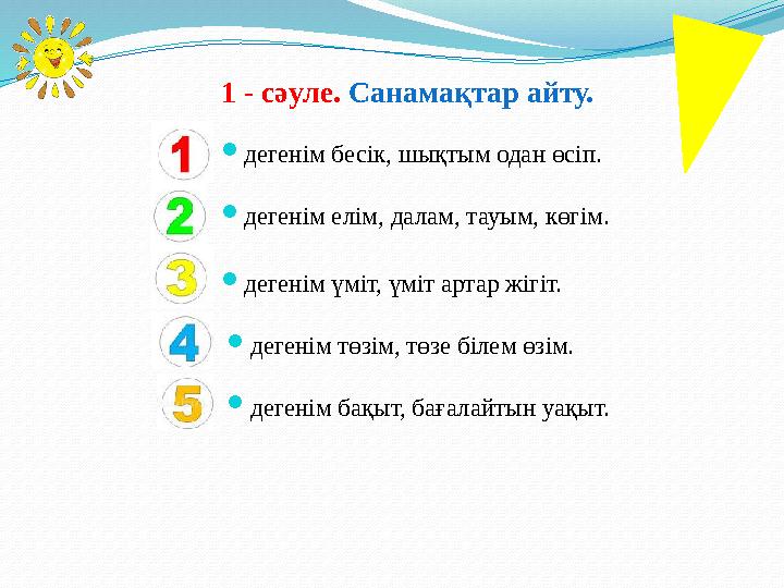  дегенім бесік, шықтым одан өсіп.1 - сәуле. Санамақтар айту.  дегенім елім, далам, тауым, көгім.  дегенім бақыт, бағалайтын