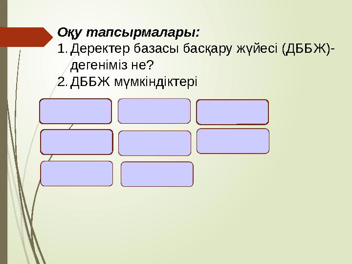 Оқу тапсырмалары: 1. Деректер базасы басқару жүйесі (ДББЖ)- дегеніміз не? 2. ДББЖ мүмкіндіктері